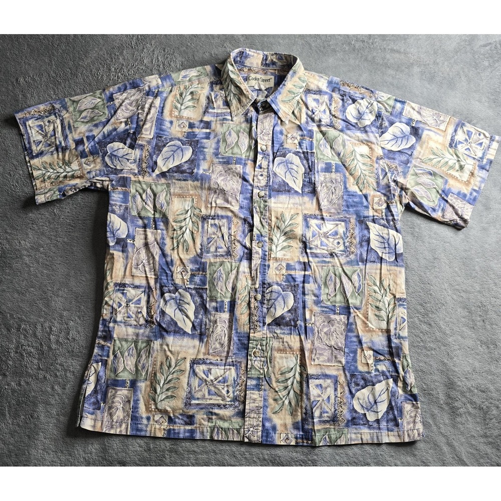 Cooke Street Hawaiaan Shirt Mens Large Blue Beige Floral Short Sleeve Button Up